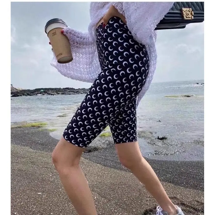 Women's Sexy Spicy Girl Slim Fit High Waist Leggings Moon Print Streetwear Versatile Outdoor Short Pants