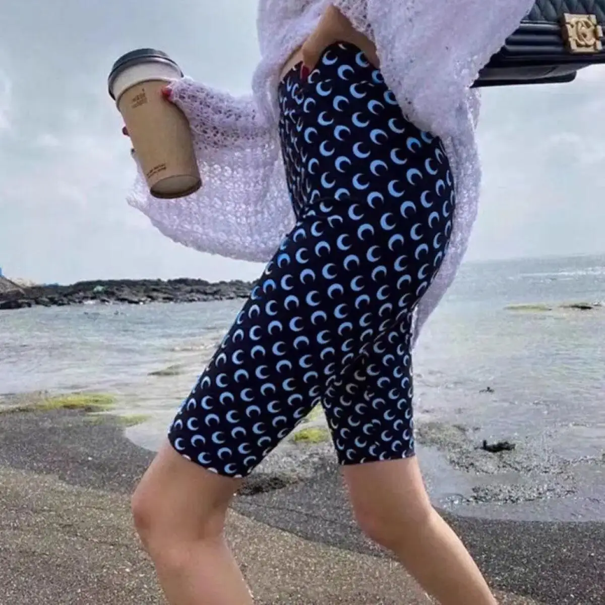 Women's Sexy Spicy Girl Slim Fit High Waist Leggings Moon Print Streetwear Versatile Outdoor Short Pants