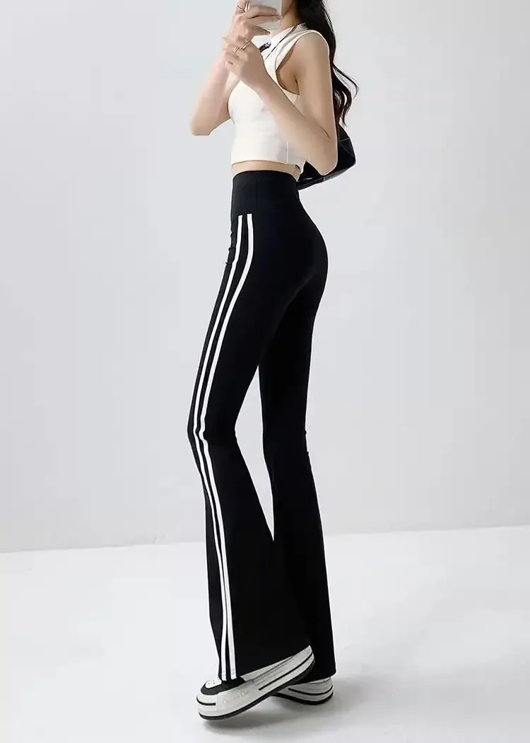 Fashion Stripe Flared Shark Pants Female Thin Style Leggings High Waist Hip Liftting Workout Running Skinny Yoga Leggings