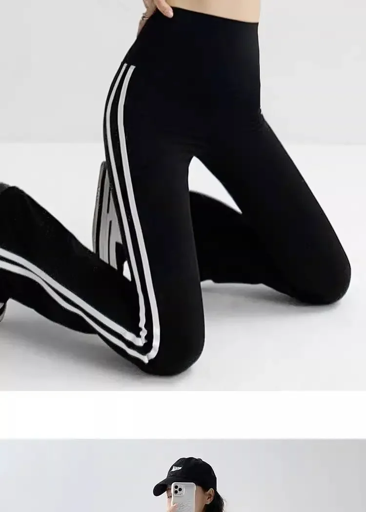 Fashion Stripe Flared Shark Pants Female Thin Style Leggings High Waist Hip Liftting Workout Running Skinny Yoga Leggings