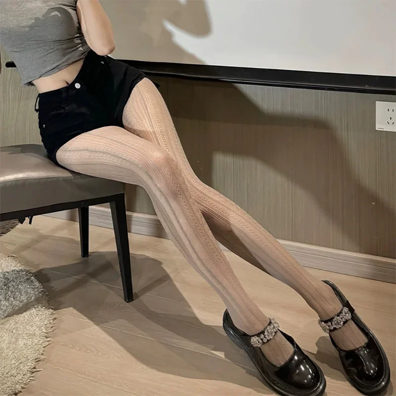 Women Sexy Lace Fishnet Stockings Lolita Style Hollow Pantyhose Retro Tight High Elastic Y2K Vintage Rhombus Striped Tights