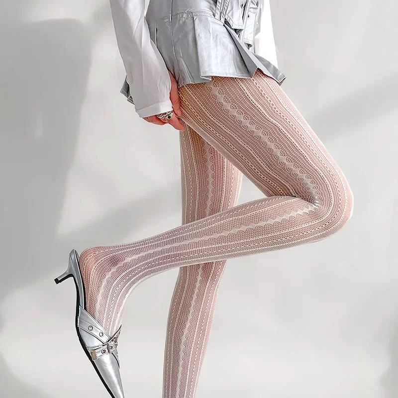Women Sexy Lace Fishnet Stockings Lolita Style Hollow Pantyhose Retro Tight High Elastic Y2K Vintage Rhombus Striped Tights