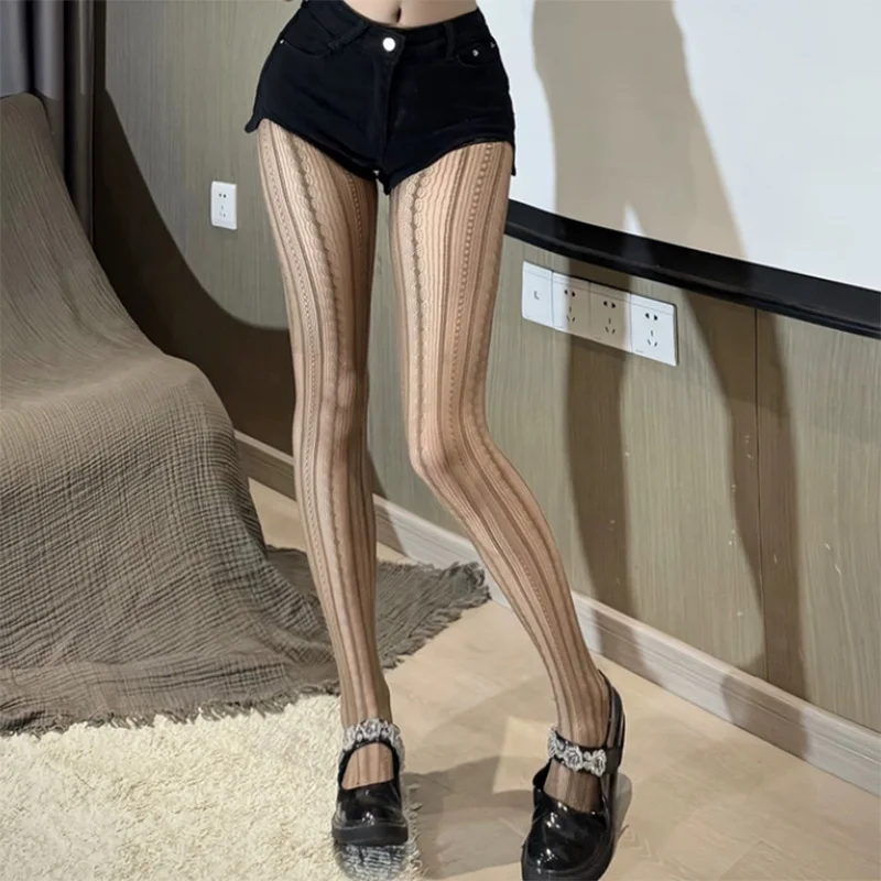 Women Sexy Lace Fishnet Stockings Lolita Style Hollow Pantyhose Retro Tight High Elastic Y2K Vintage Rhombus Striped Tights