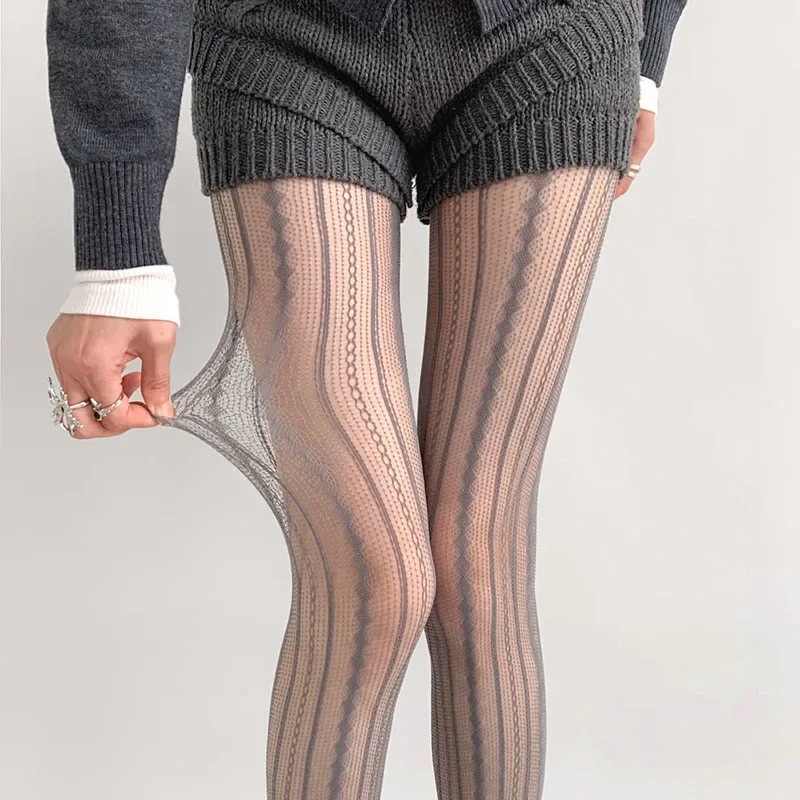 Women Sexy Lace Fishnet Stockings Lolita Style Hollow Pantyhose Retro Tight High Elastic Y2K Vintage Rhombus Striped Tights