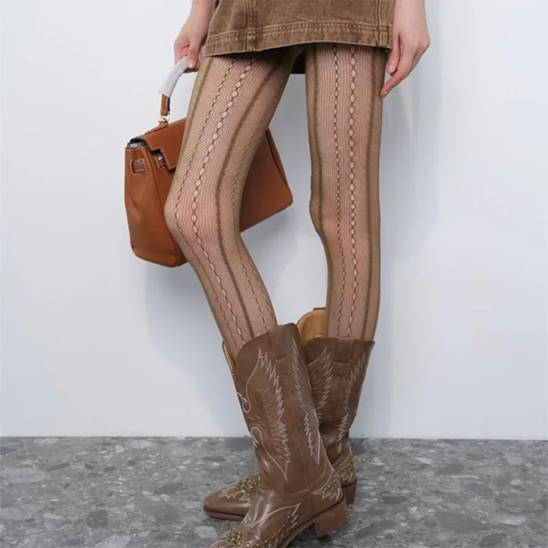 Women Sexy Lace Fishnet Stockings Lolita Style Hollow Pantyhose Retro Tight High Elastic Y2K Vintage Rhombus Striped Tights
