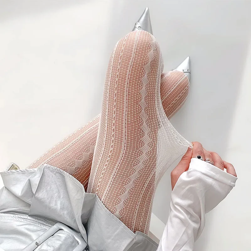 Women Sexy Lace Fishnet Stockings Lolita Style Hollow Pantyhose Retro Tight High Elastic Y2K Vintage Rhombus Striped Tights
