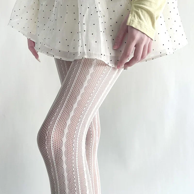 Women Sexy Lace Fishnet Stockings Lolita Style Hollow Pantyhose Retro Tight High Elastic Y2K Vintage Rhombus Striped Tights