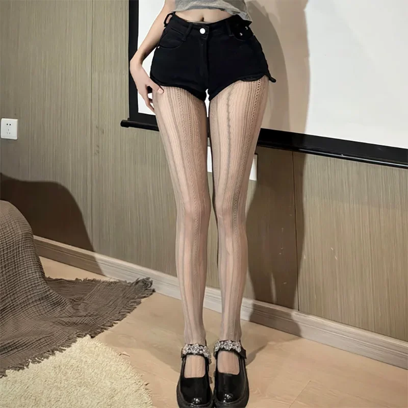 Women Sexy Lace Fishnet Stockings Lolita Style Hollow Pantyhose Retro Tight High Elastic Y2K Vintage Rhombus Striped Tights