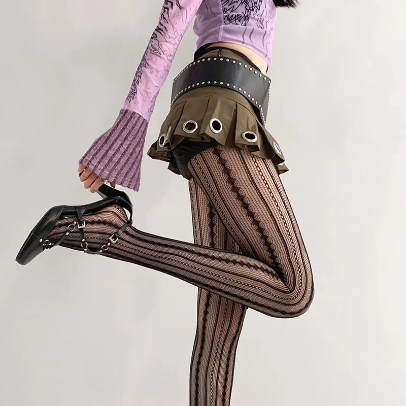 Women Sexy Lace Fishnet Stockings Lolita Style Hollow Pantyhose Retro Tight High Elastic Y2K Vintage Rhombus Striped Tights