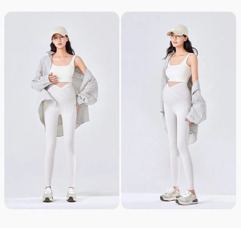 BIVIGAOS Spring Summer New Cross Waist Pregnant Women's Leggings High Elasticity Belly Support V-Waist Slim Fit Maternity Pants