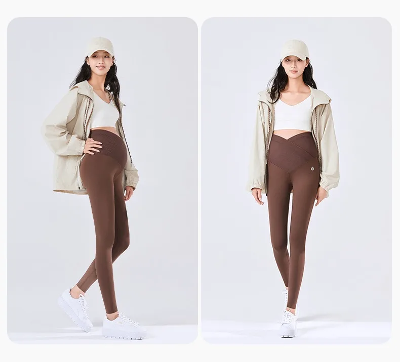 BIVIGAOS Spring Summer New Cross Waist Pregnant Women's Leggings High Elasticity Belly Support V-Waist Slim Fit Maternity Pants