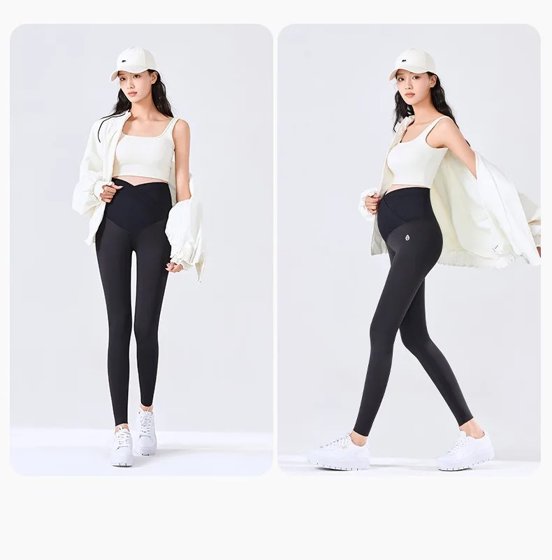 BIVIGAOS Spring Summer New Cross Waist Pregnant Women's Leggings High Elasticity Belly Support V-Waist Slim Fit Maternity Pants