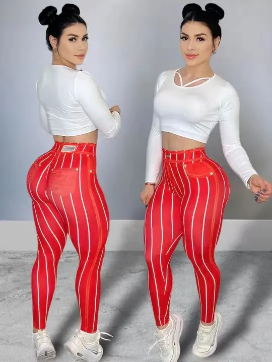 Women High Waist Sports Leggings Stripe Print Stretchable Yoga Pants Sexy Tight Fitness Workout Gym Push Up Causal Pant