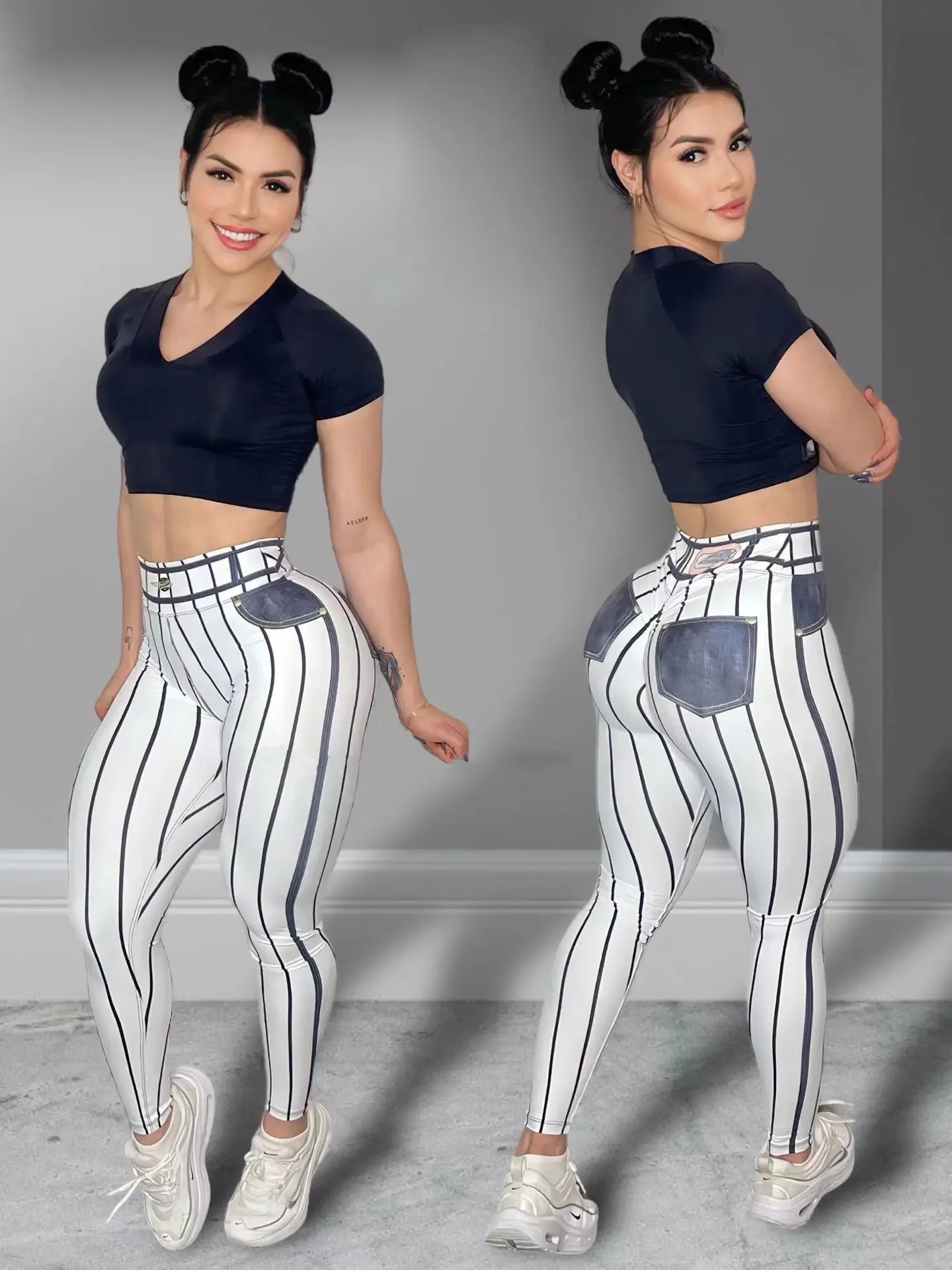 Women High Waist Sports Leggings Stripe Print Stretchable Yoga Pants Sexy Tight Fitness Workout Gym Push Up Causal Pant