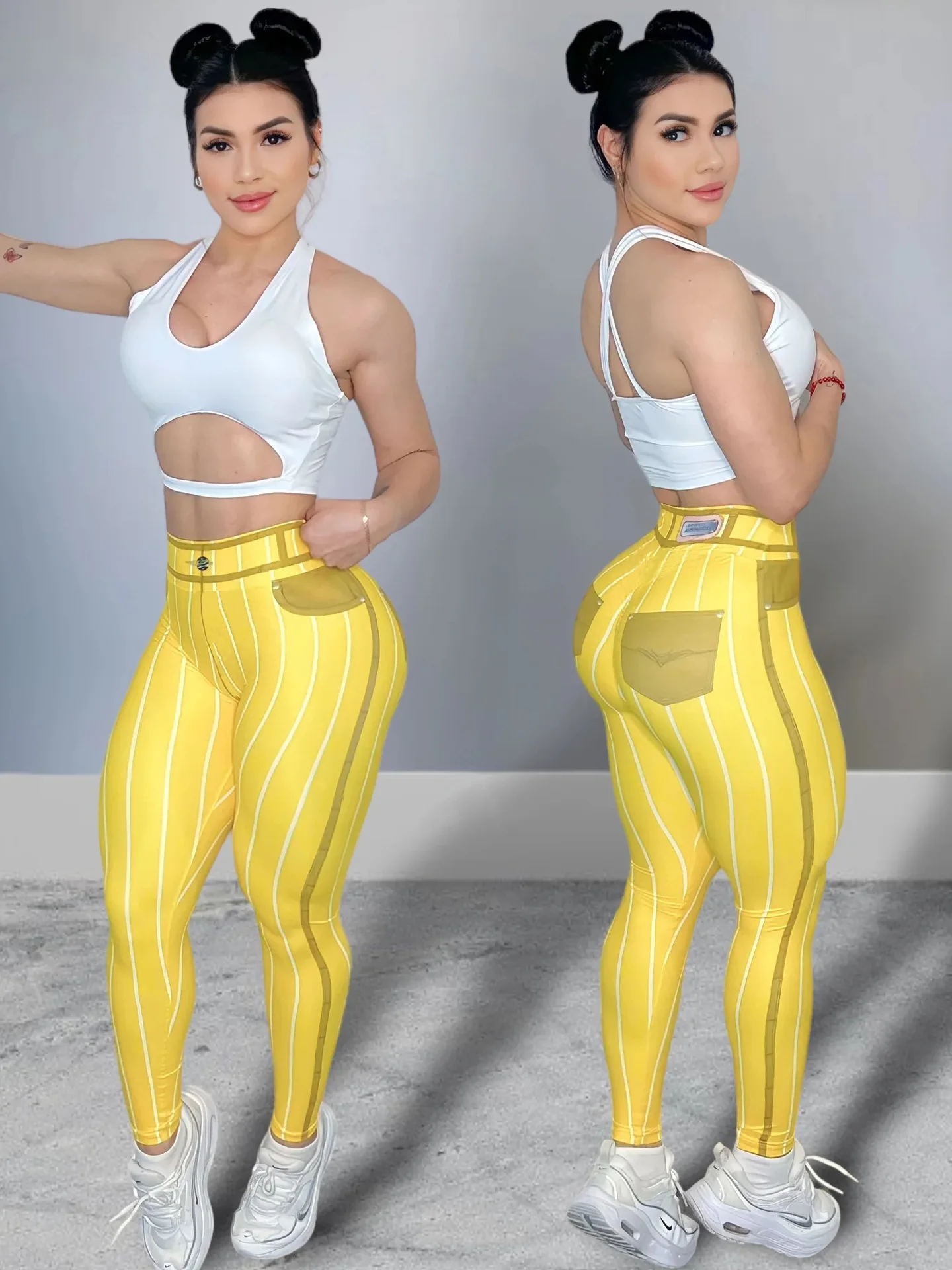 Women High Waist Sports Leggings Stripe Print Stretchable Yoga Pants Sexy Tight Fitness Workout Gym Push Up Causal Pant