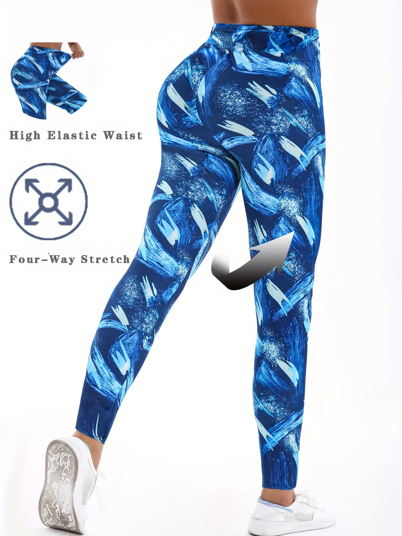 Blue White Phantom Print Geometric Casual Tight Fitting Women's Pants Healthy Height Suitable Stretching Running Sports Exercise