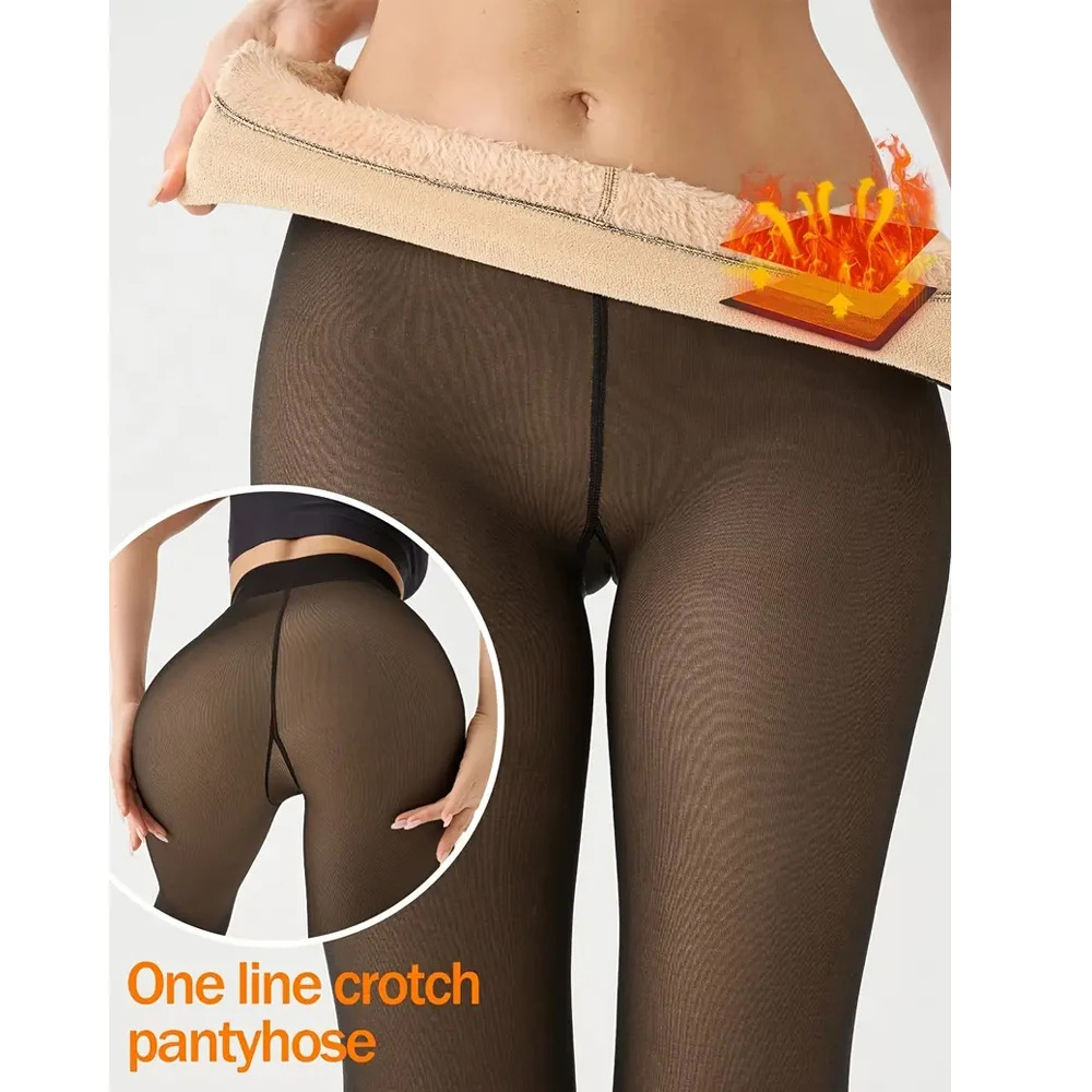 One Seam Fleece Lined Tights Fake Translucent Pantyhose Skin Tone Thermal Leggings Sheer Tights One Line Warm Base Layer