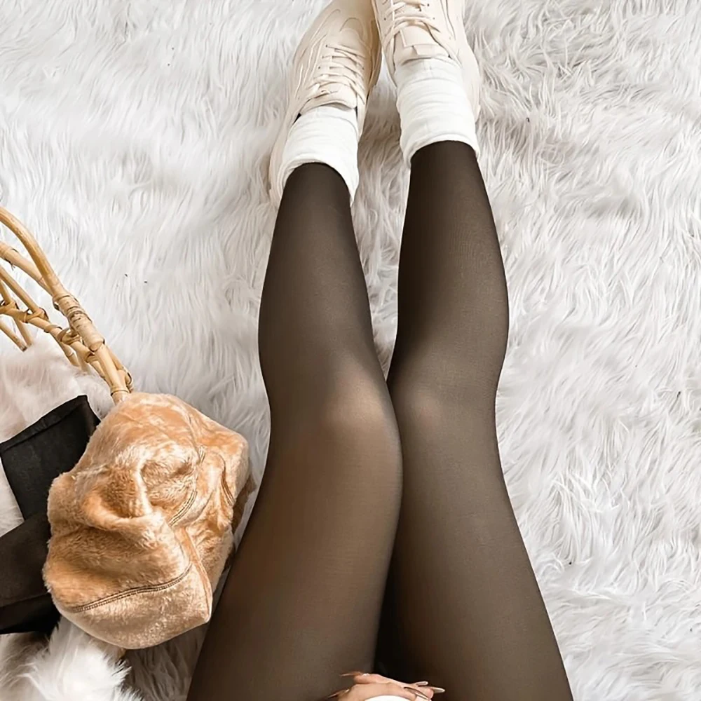 One Seam Fleece Lined Tights Fake Translucent Pantyhose Skin Tone Thermal Leggings Sheer Tights One Line Warm Base Layer