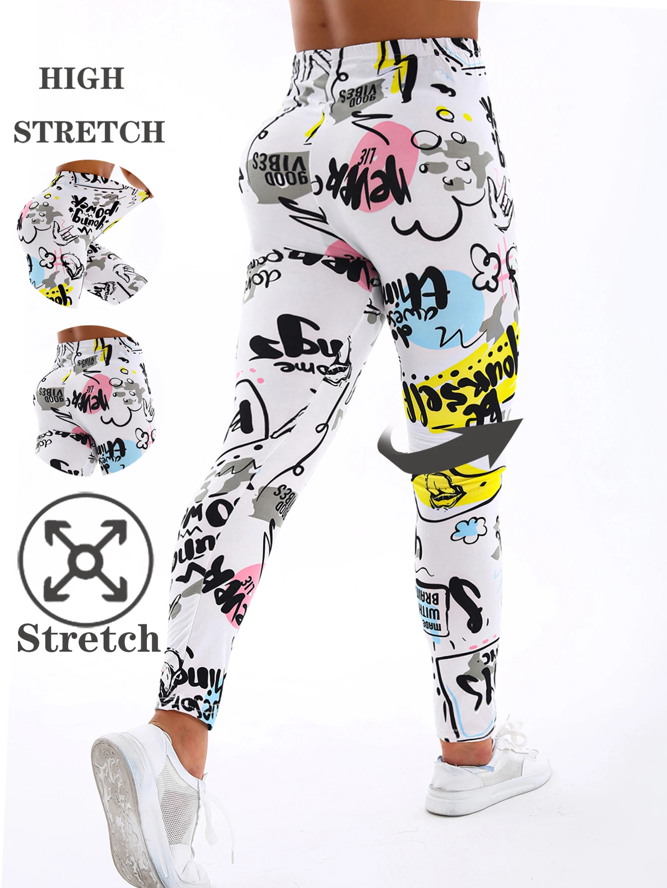 White And Yellow Letter Printed Casual Tight Pants For Women High Elasticity Fitness And Yoga Pants Sexy Nine Point Pencil Pants