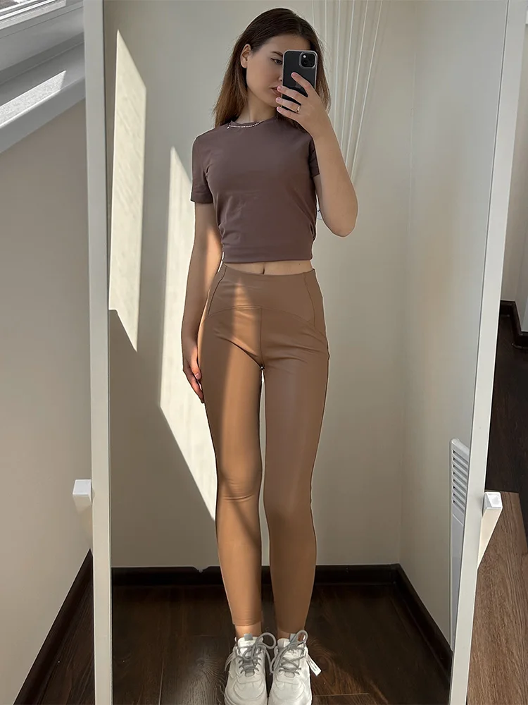 Winter Thin Fleece Pu Leather Leggings For Women High Waist Stretch Basic Faux Leather Pants Velvet Black PU Warm Legging Women