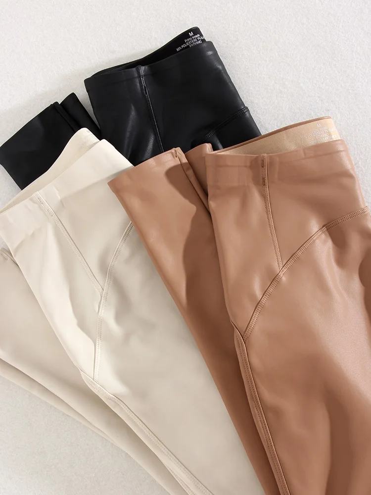 Winter Thin Fleece Pu Leather Leggings For Women High Waist Stretch Basic Faux Leather Pants Velvet Black PU Warm Legging Women