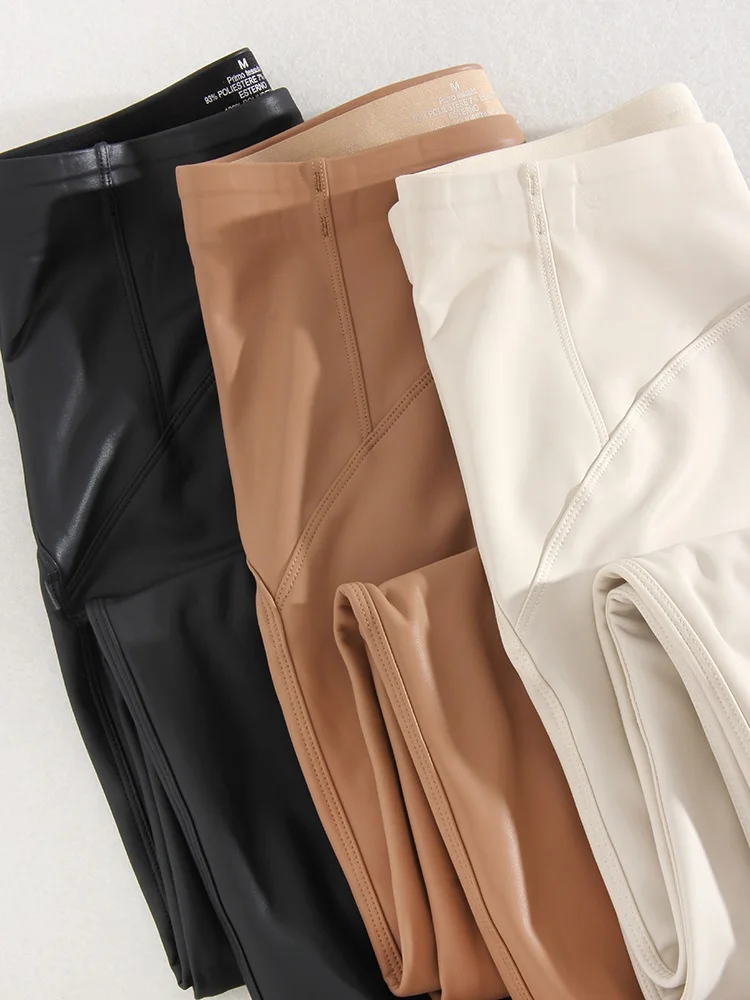 Winter Thin Fleece Pu Leather Leggings For Women High Waist Stretch Basic Faux Leather Pants Velvet Black PU Warm Legging Women