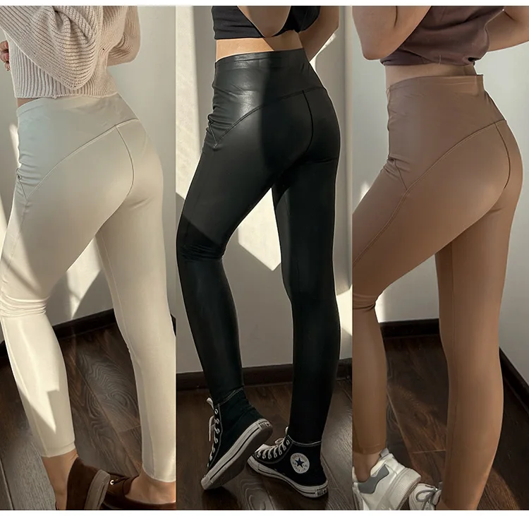 Winter Thin Fleece Pu Leather Leggings For Women High Waist Stretch Basic Faux Leather Pants Velvet Black PU Warm Legging Women