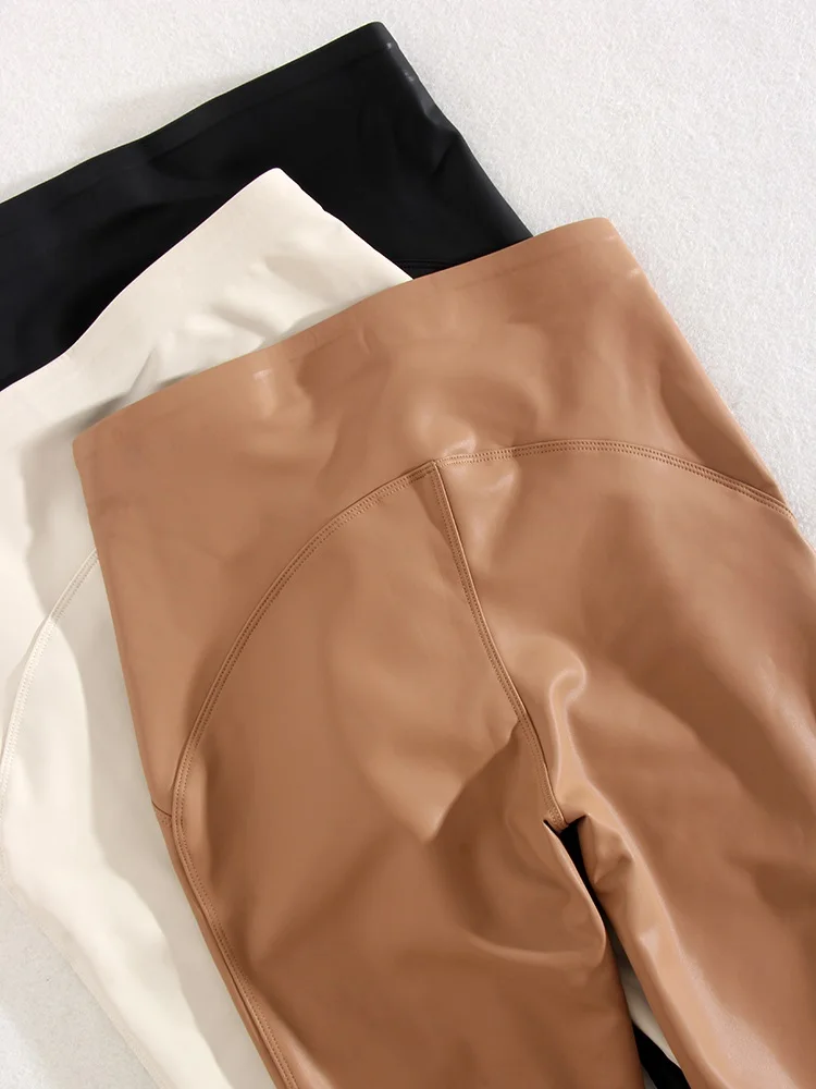 Winter Thin Fleece Pu Leather Leggings For Women High Waist Stretch Basic Faux Leather Pants Velvet Black PU Warm Legging Women