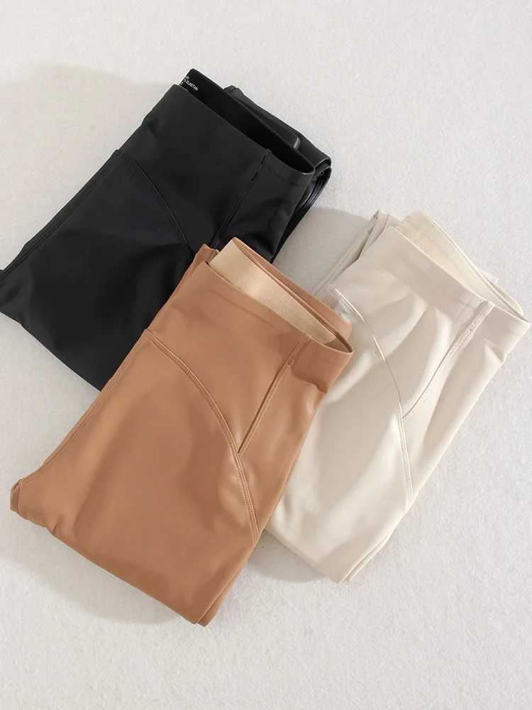 Winter Thin Fleece Pu Leather Leggings For Women High Waist Stretch Basic Faux Leather Pants Velvet Black PU Warm Legging Women