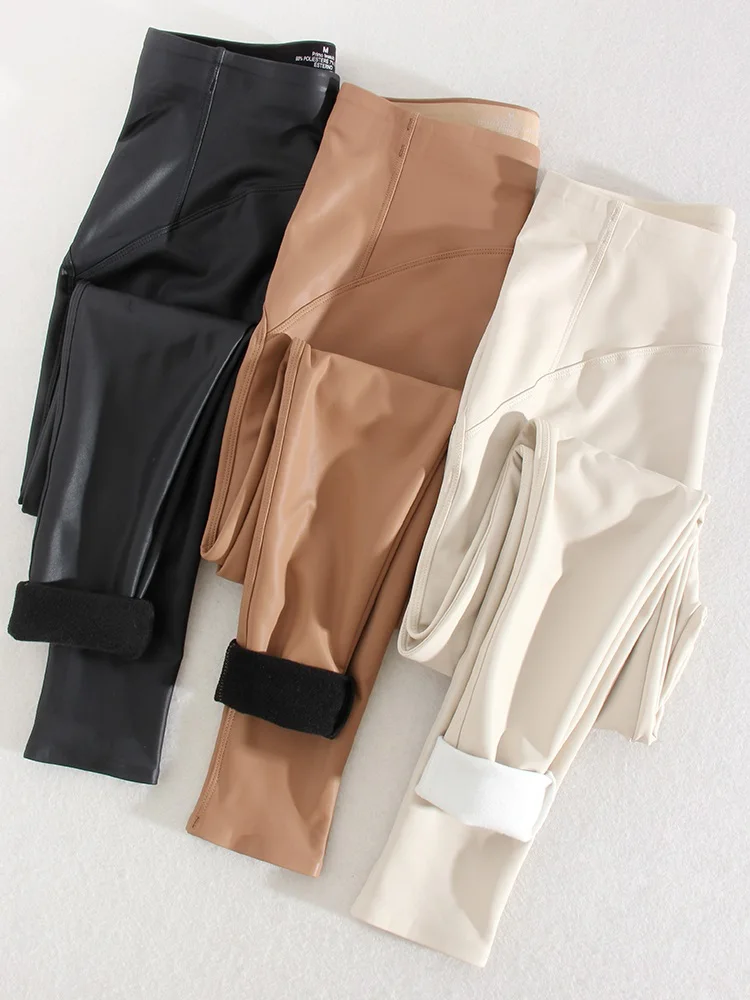 Winter Thin Fleece Pu Leather Leggings For Women High Waist Stretch Basic Faux Leather Pants Velvet Black PU Warm Legging Women