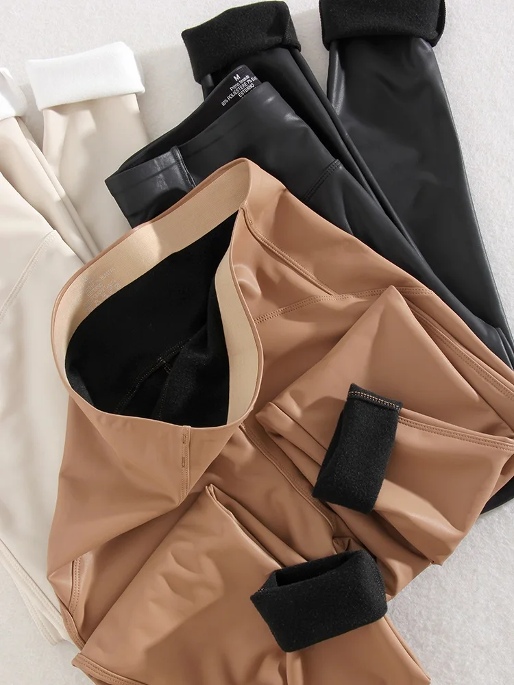 Winter Thin Fleece Pu Leather Leggings For Women High Waist Stretch Basic Faux Leather Pants Velvet Black PU Warm Legging Women