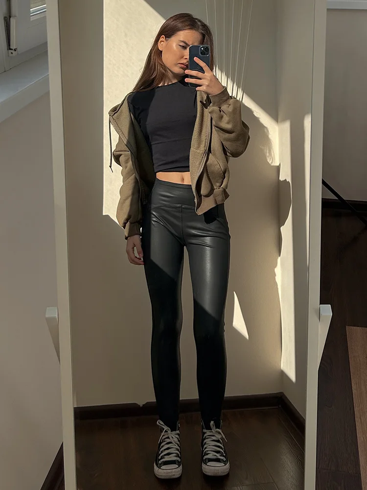 Winter Thin Fleece Pu Leather Leggings For Women High Waist Stretch Basic Faux Leather Pants Velvet Black PU Warm Legging Women