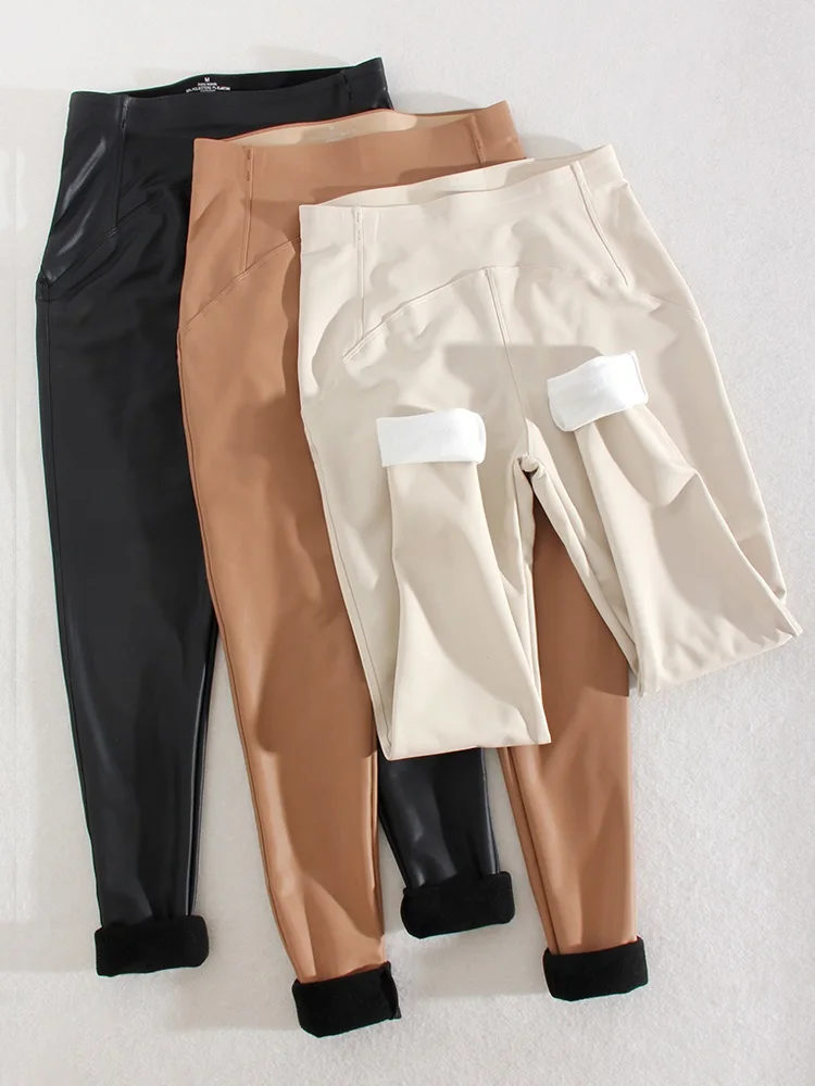 Winter Thin Fleece Pu Leather Leggings For Women High Waist Stretch Basic Faux Leather Pants Velvet Black PU Warm Legging Women