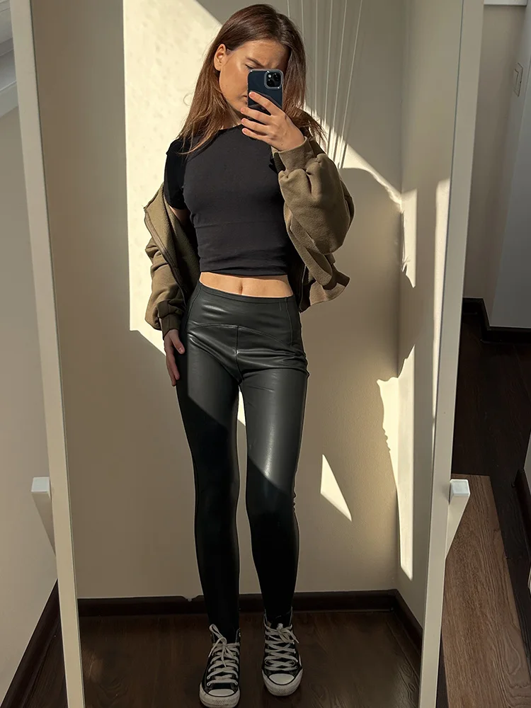 Winter Thin Fleece Pu Leather Leggings For Women High Waist Stretch Basic Faux Leather Pants Velvet Black PU Warm Legging Women