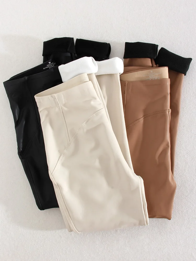Winter Thin Fleece Pu Leather Leggings For Women High Waist Stretch Basic Faux Leather Pants Velvet Black PU Warm Legging Women