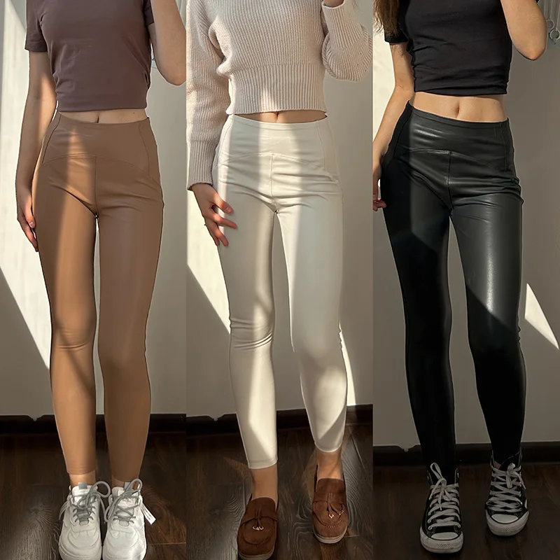 Winter Thin Fleece Pu Leather Leggings For Women High Waist Stretch Basic Faux Leather Pants Velvet Black PU Warm Legging Women