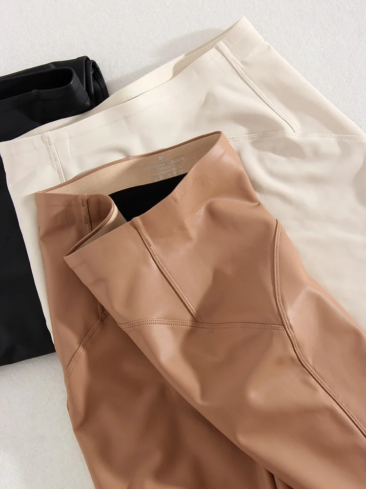 Winter Thin Fleece Pu Leather Leggings For Women High Waist Stretch Basic Faux Leather Pants Velvet Black PU Warm Legging Women