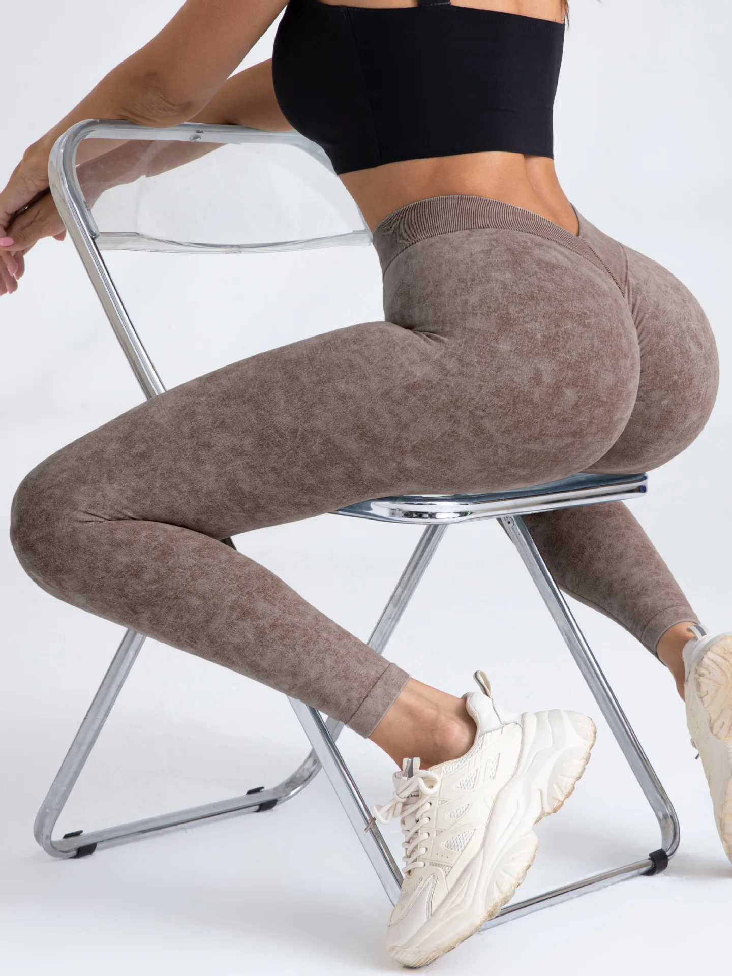 Frosted Water Wash Back V Waist Peach Hip Yoga Pants for Women Outdoor Sport Fitness Running Cycling Workout Tight Leggings