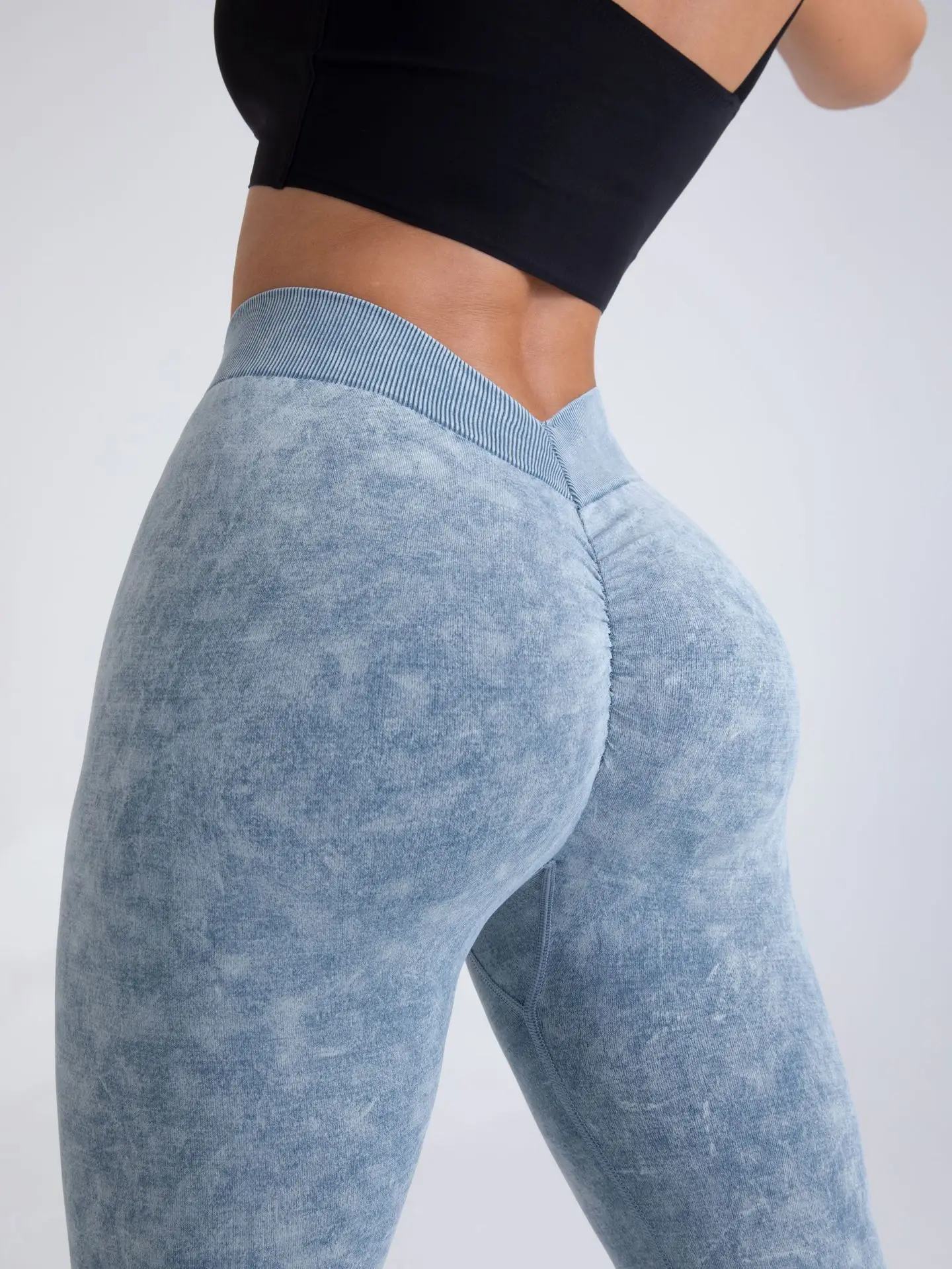Frosted Water Wash Back V Waist Peach Hip Yoga Pants for Women Outdoor Sport Fitness Running Cycling Workout Tight Leggings