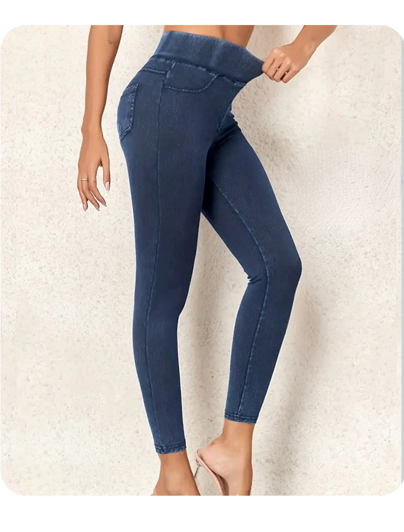 Women's Faux Denim Yoga Leggings Fitness Stretch Leggings High Waisted Fashionable Skinny Tights Gym Workout Running Pants