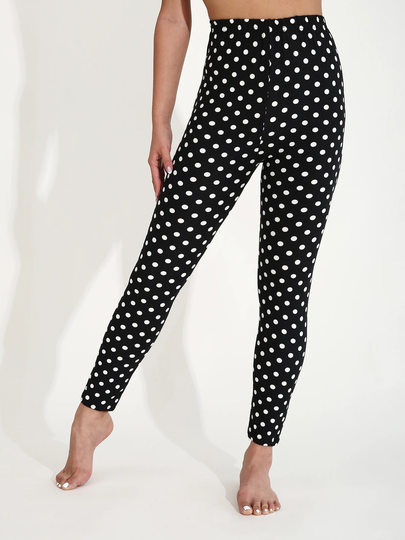 Four Seasons European  American Casual Women's Black Leggings  High Stretch Tight Pants White Polka Dot Pattern Cropped Pants