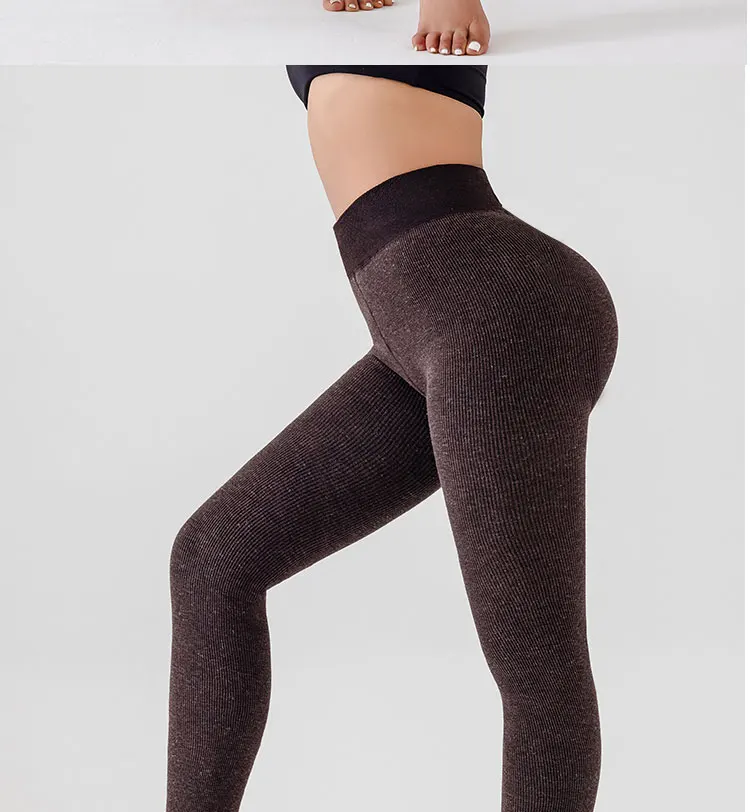 Women Ribbed Fleece Lined Leggings Stretch Slim Fit Ankel Length Sparkly Tights High Waist Winter Thermal Pants Tummy Control