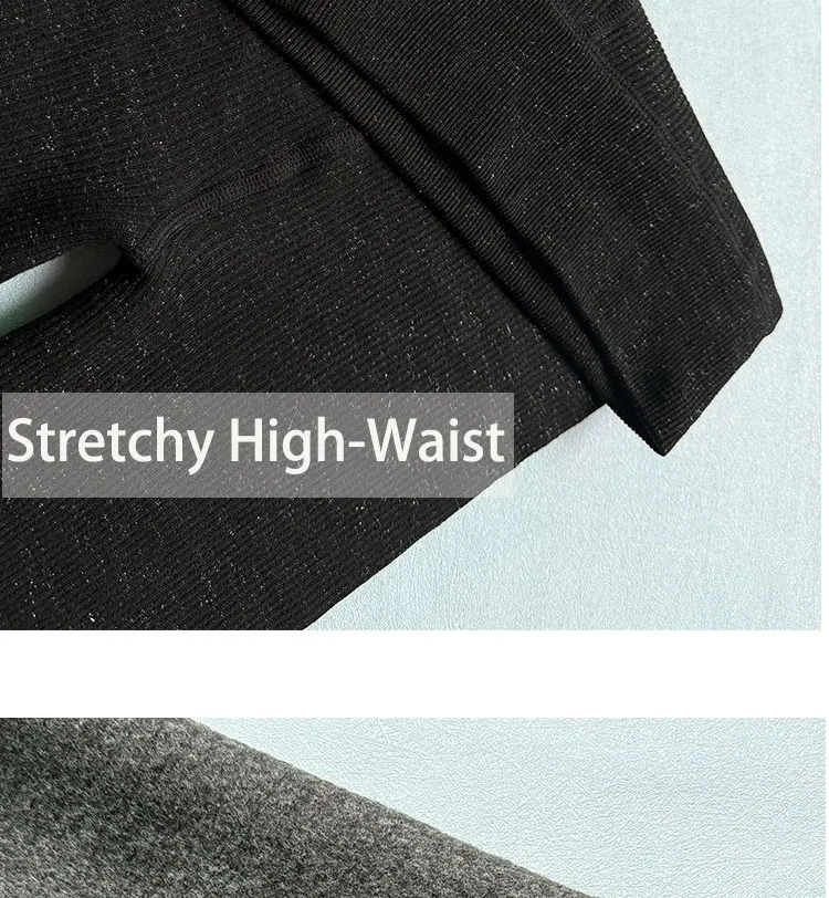Women Ribbed Fleece Lined Leggings Stretch Slim Fit Ankel Length Sparkly Tights High Waist Winter Thermal Pants Tummy Control