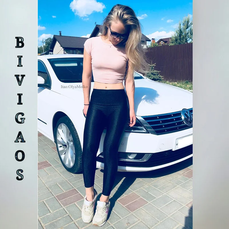 BIVIGAOS Womens Sexy Shiny Stretch Leggings Thin Ankle Pants Legins Slim Black Leggings Gothic Trousers For Women Clothing