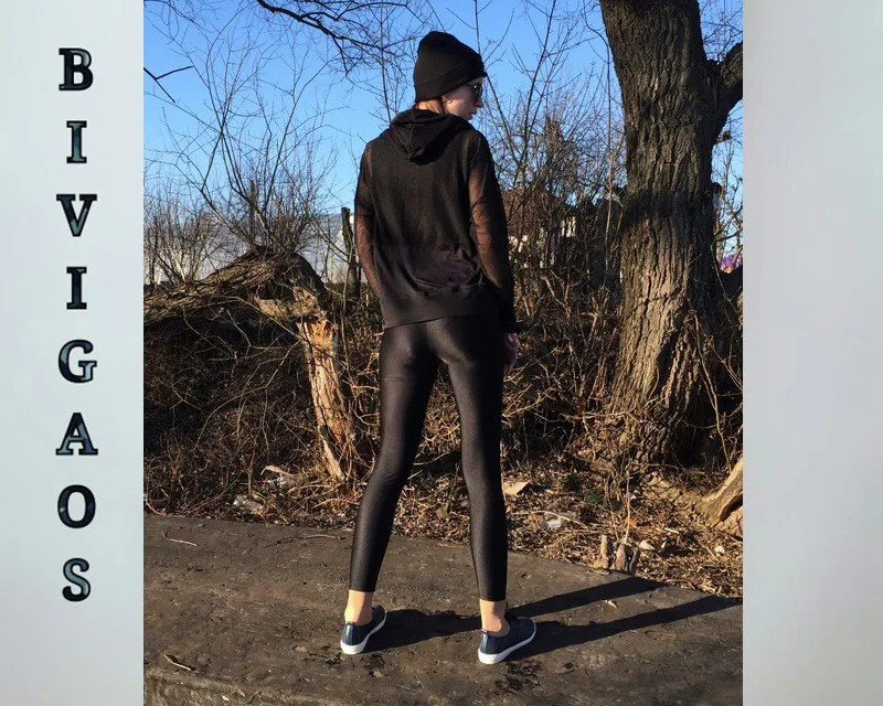 BIVIGAOS Womens Sexy Shiny Stretch Leggings Thin Ankle Pants Legins Slim Black Leggings Gothic Trousers For Women Clothing