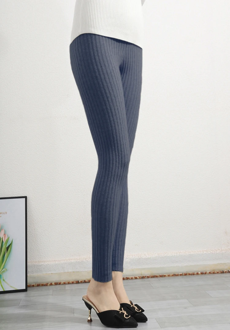 100% Cashmere Slim Leggings Women High Waist Casual Trousers Knitted Ribbed Thicken Elasticity Thermal Ankle-Length Leggins
