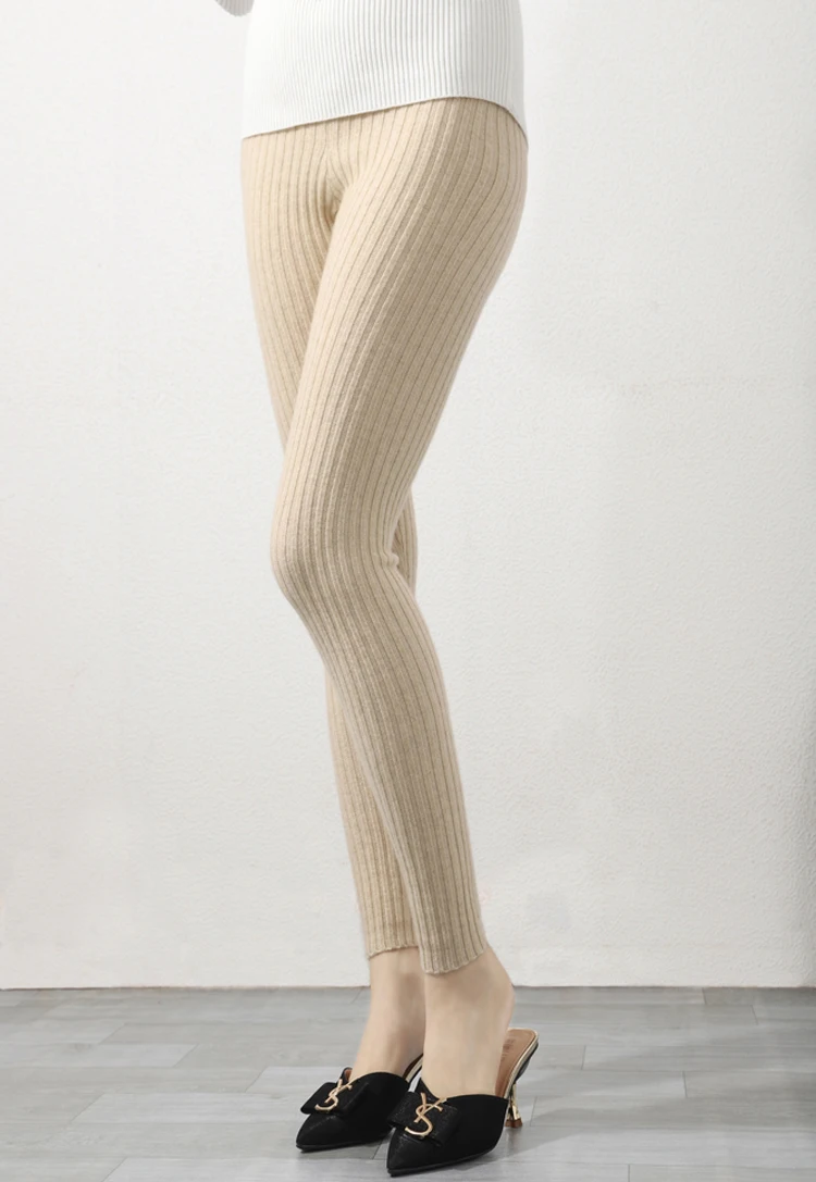 100% Cashmere Slim Leggings Women High Waist Casual Trousers Knitted Ribbed Thicken Elasticity Thermal Ankle-Length Leggins