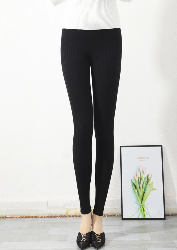 100% Cashmere Slim Leggings Women High Waist Casual Trousers Knitted Ribbed Thicken Elasticity Thermal Ankle-Length Leggins