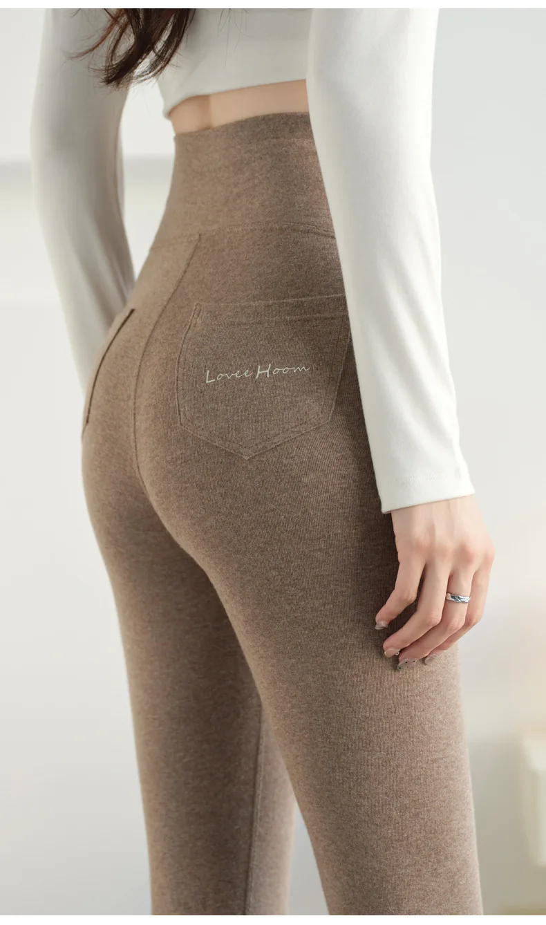Winter Brown Leggings Women Long Fleece Pants High Waist Velvet Bottom LeggingsWith Pockets Warm Thick Leggings For Women Winter