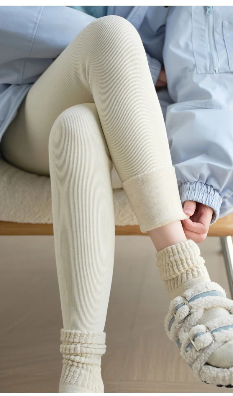 Winter Leggings Women Warm Skinny Velvet Pants High Waist Ribbed Tight Thermal Thick Fleece Pants Ladies Bottom Women Leggings